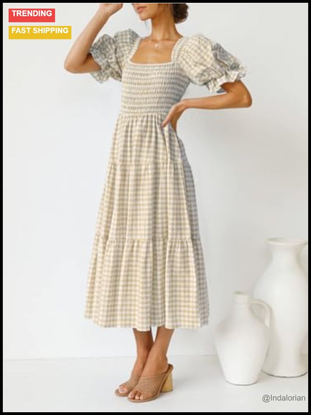 Boho Midi Dress Puff Sleeve Square Neck Flowy Beach Casual - Picture 2 of 6